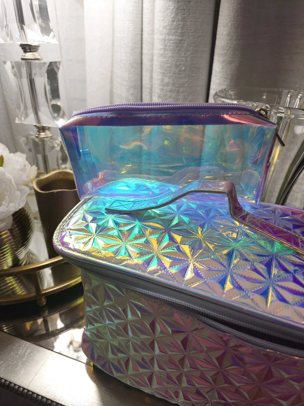 Holographic Iridescent Cosmetic Bag Set - Pink / Purple / Green